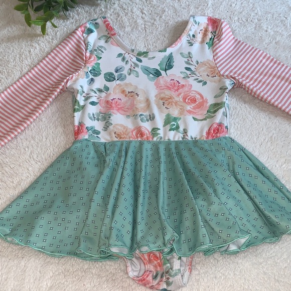 Cheeky Plum Peachy Keen Floral Farrah Leotard VGUC 5T Peach & Green - Picture 1 of 14